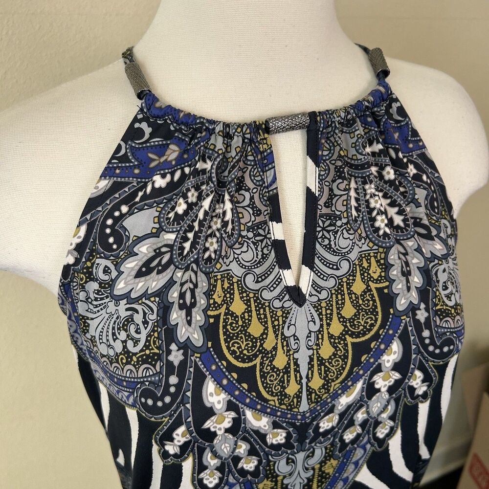 Y2K Cache Keyhole Mixed Print Sleevless Blouse Tie Back Metal Beads Top Sz XS - Picture 3 of 6